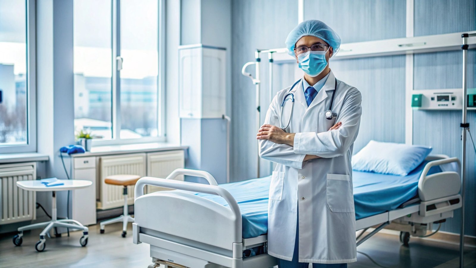 Confident doctor standing in hospital room with a patient bed.
