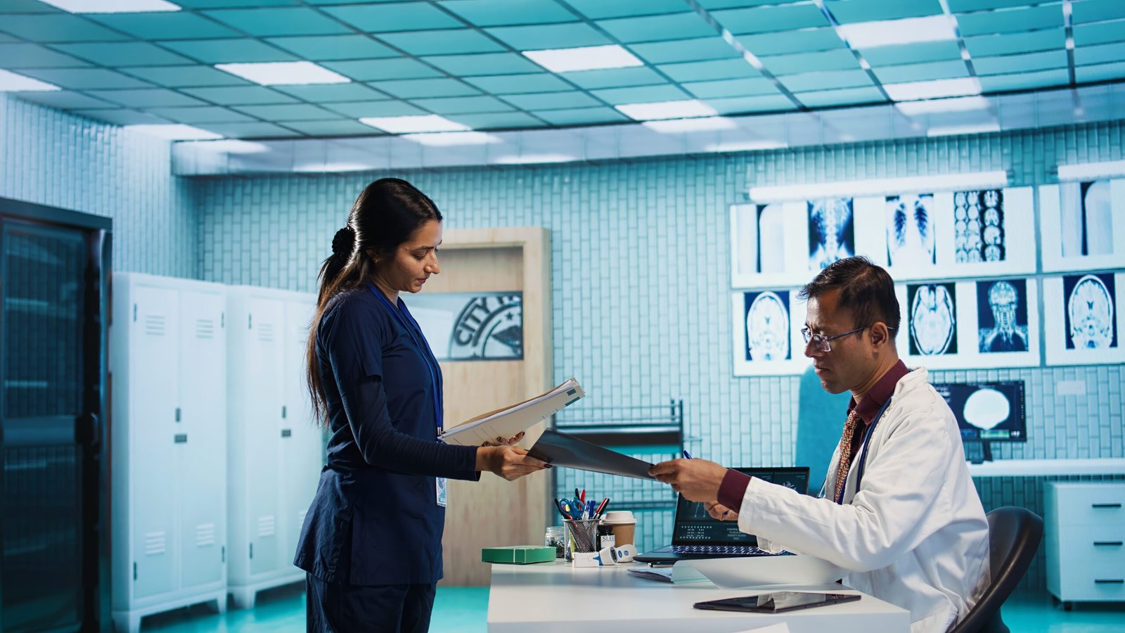 Physician expert reviewing x ray scan results in his medical office, providing diagnostic for a sick patient. Medic studying hospital records and sharing his expertise, healthcare industry. Camera B.